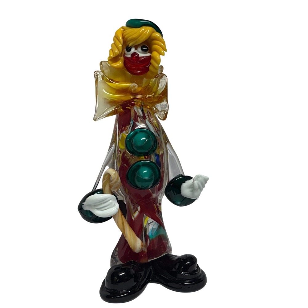 Murano Style Art Glass 10" Clown Figurine Whimsical Decor Colorful